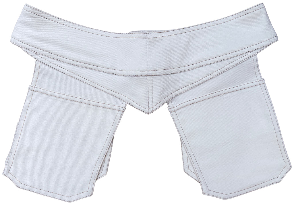 White denim PocketBelt with brass tack buttons