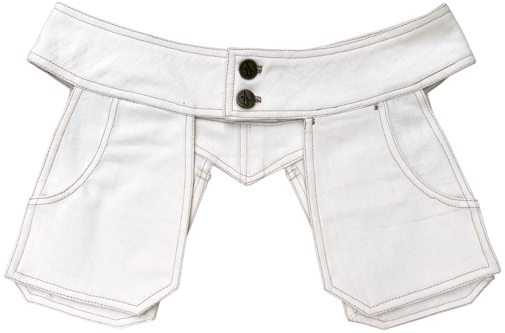 White denim PocketBelt with brass tack buttons