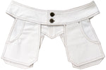 White denim PocketBelt with brass tack buttons