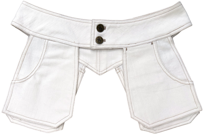 White denim PocketBelt with brass tack buttons