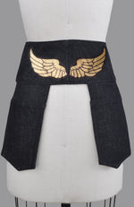 Denim Pocket Belt: Jacqui style in Black with GOLD PAINTED WINGS
